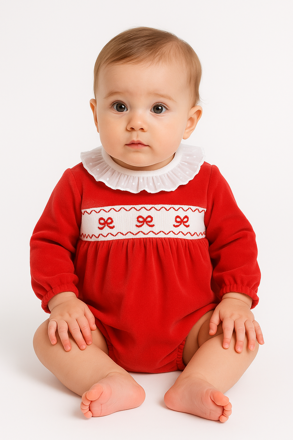 Red Smocked Velour Baby Romper with Collar | NB–6-9M | Christmas & Winter Baby Girl Outfit