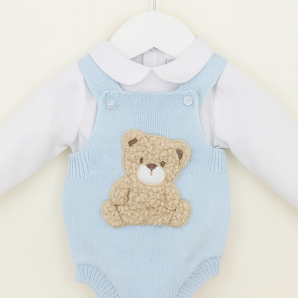 Pex Baby Teddy Dungaree Set – Blue| 0-3M to 18-24M | Knitted Outfit