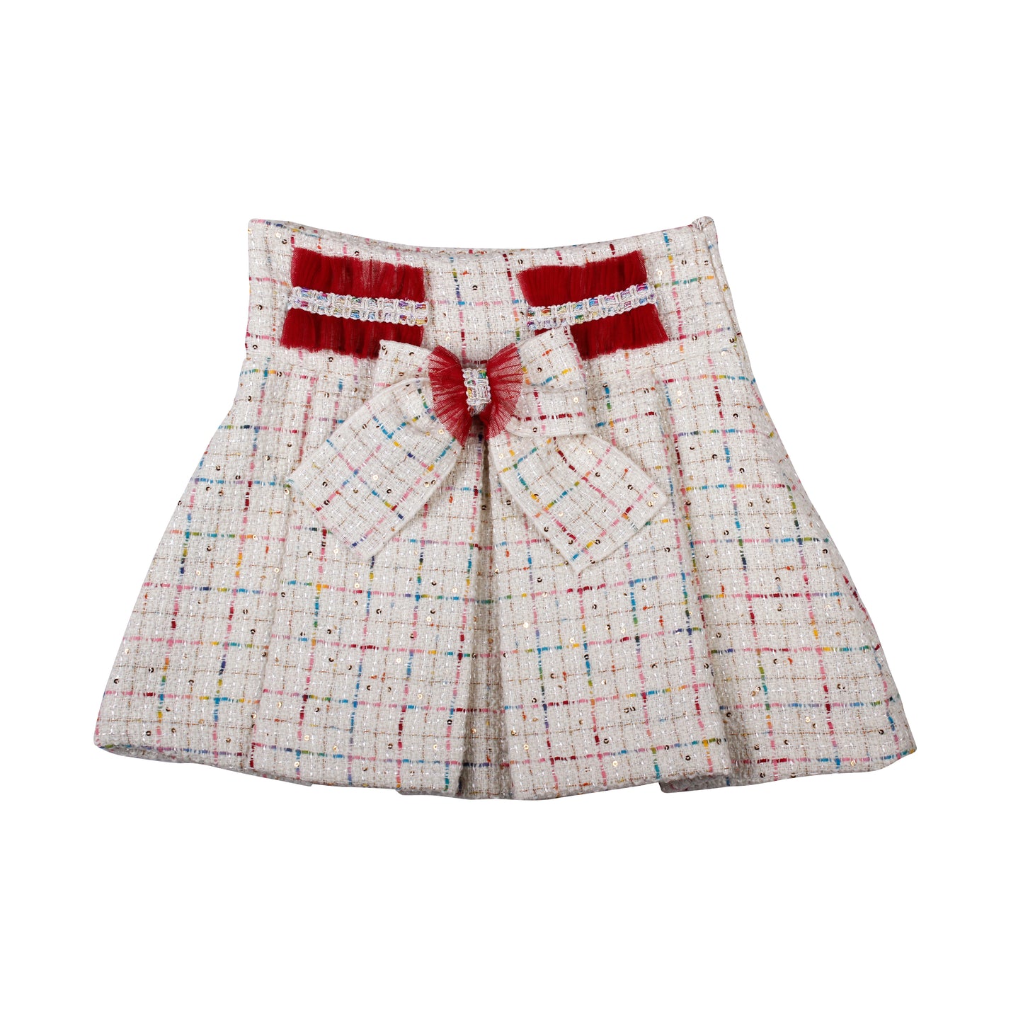 Naxos Girls 3-Piece Red & Cream Tweed Set | Blazer, Shirt & Skirt with Bow Detail (8-12 Years)