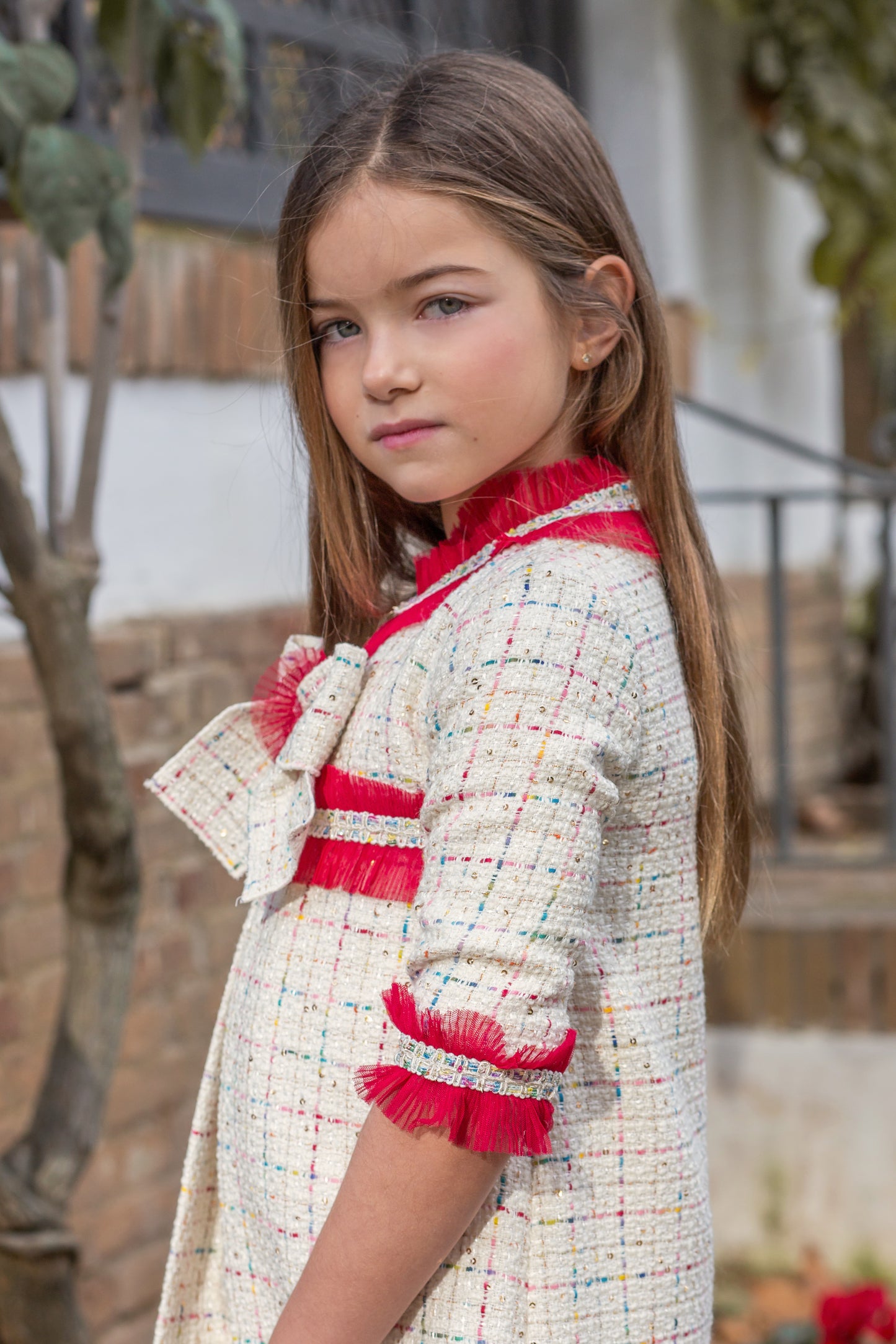 Naxos Girls Red & Cream Tweed Bow Dress | Winter Party Dress with Statement Trim (3-6 Years)