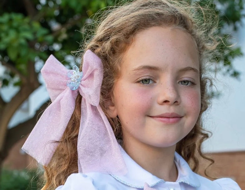 Naxos Girls Pastel Pink Sparkly Statement Hair Bow | Summer Party Tweed Collection Hair Bow