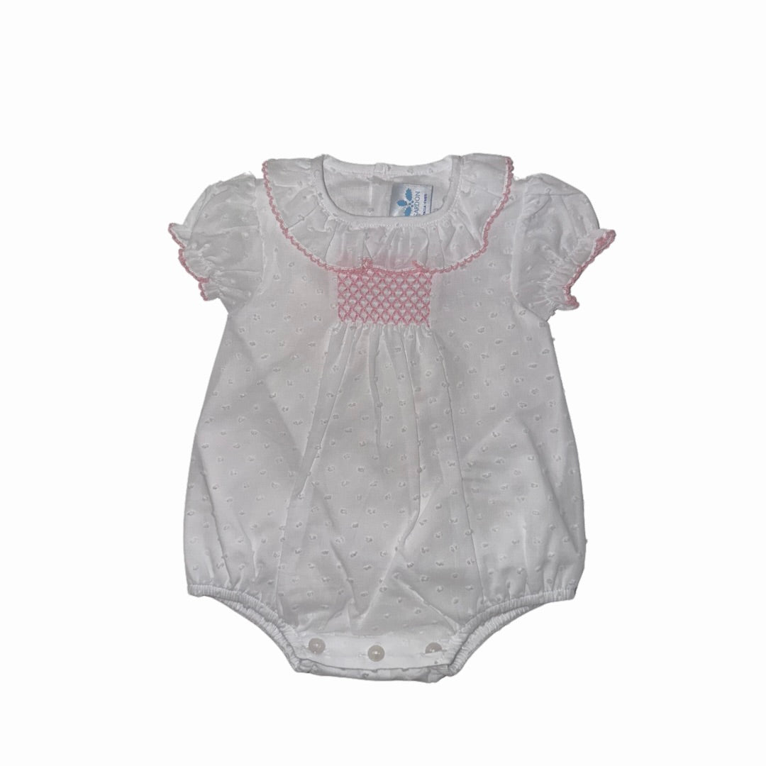 SS25 Sardon Baby White Cotton Pink Smocked Romper