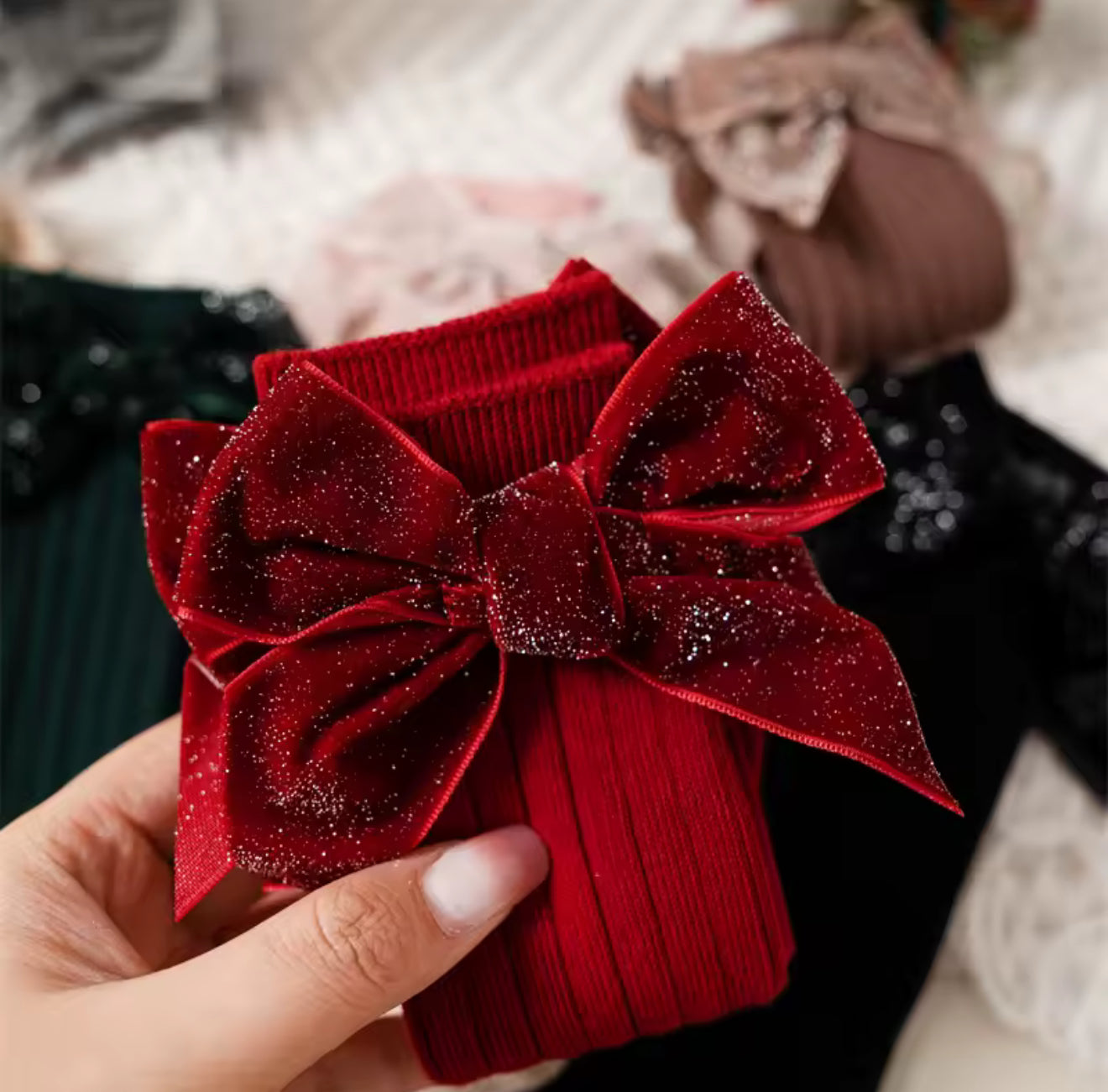 Little Stars 'Glitter Bow' Burgundy Ribbed Knee High Socks