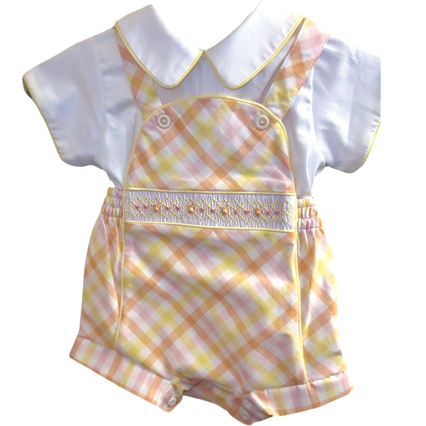 Pretty Originals Boys Peach & Lemon Check Smocked Outfit