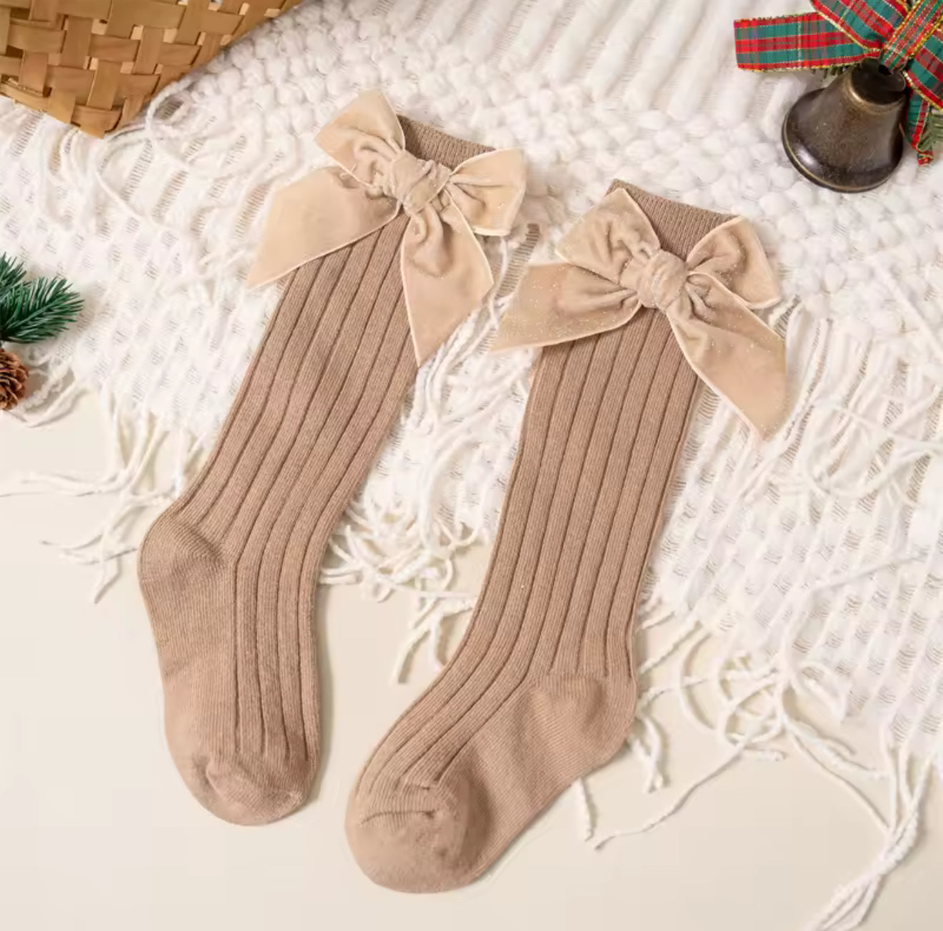 Little Stars 'Glitter Bow' Camel Ribbed Knee High Socks