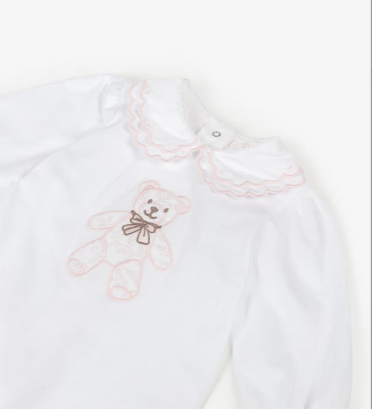 Patachou Baby Pink Toile Teddy Babygrow | Teddy Bear Detail Babygrow With Scallop Collar (1-6 Months)