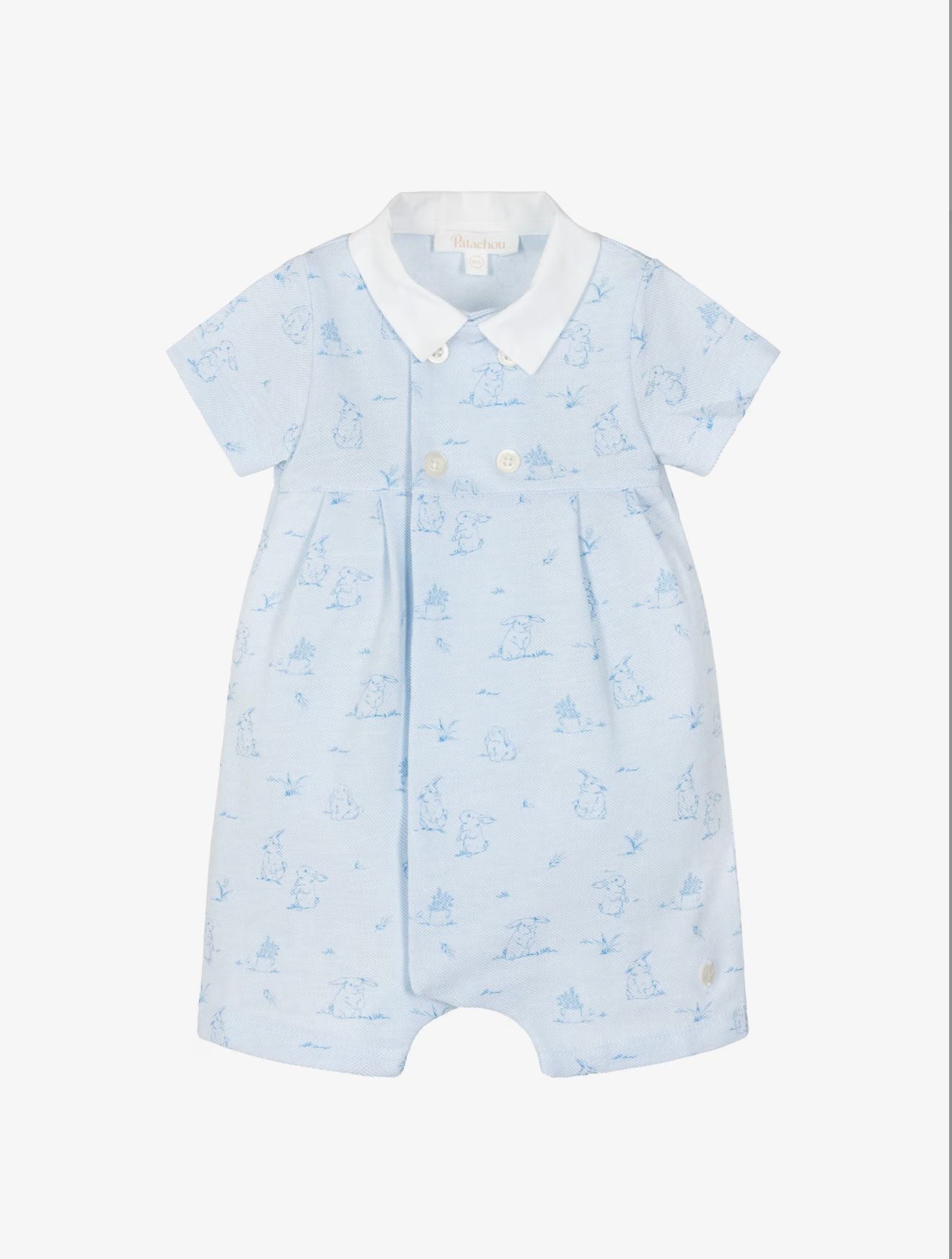 Patachou Baby Blue Bunny Toile Romper | Blue Bunny Romper With Collar (6-24 Months)