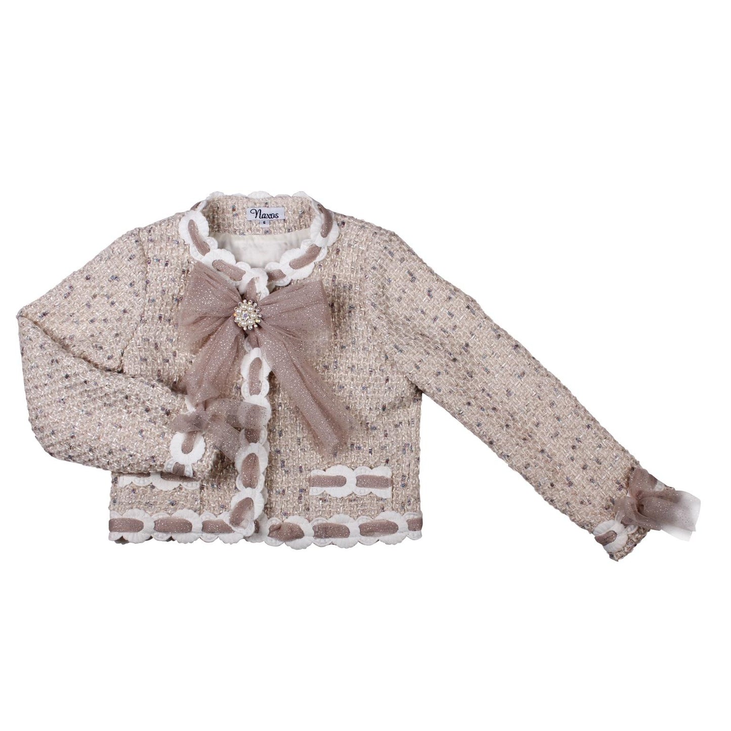 Naxos Girls 3-Piece Tweed Blazer, Shirt & Shorts Set | Champagne Sparkle Outfit with Bows & Jewel Detail (8–12 Years)