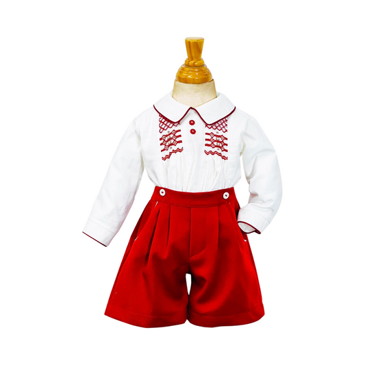 Pretty Originals Boys Red Smocked Outfit