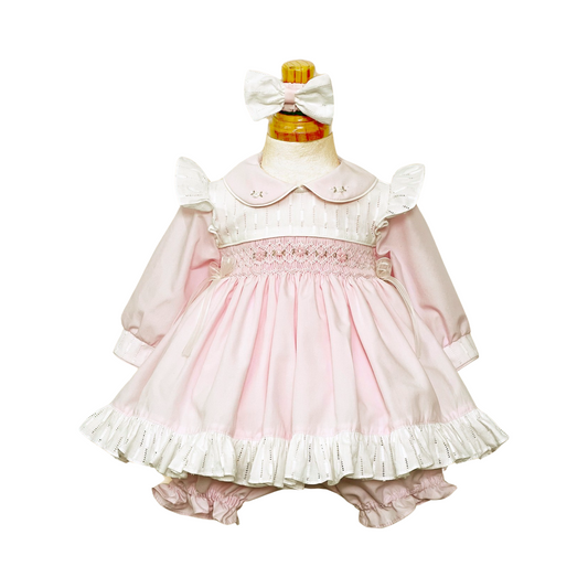 Pretty Originals Pink & Cream Smocked Dress