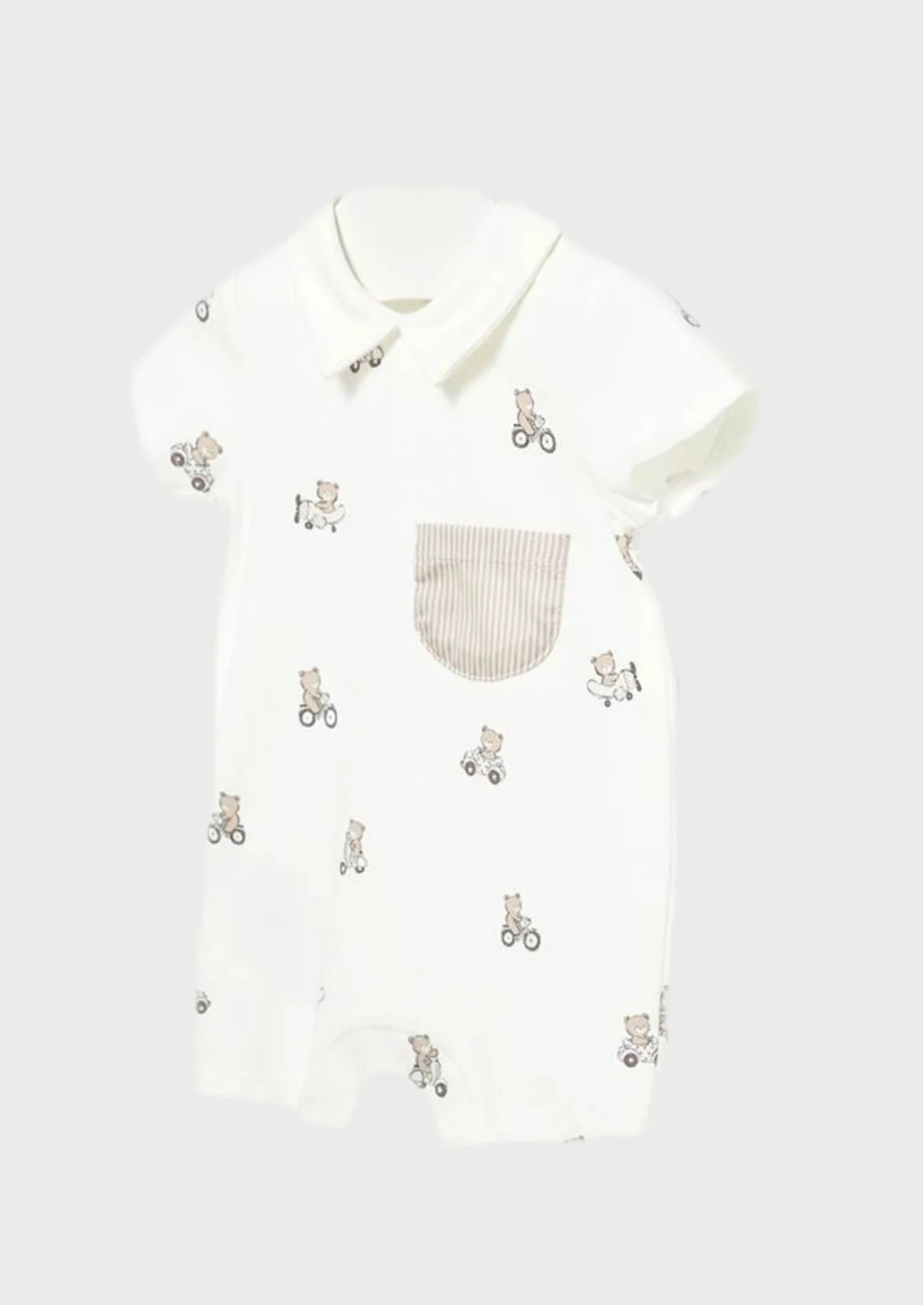 Mayoral Baby Boy Cream Teddy Print Romper | Cream Teddy Print Romper With Pocket (0M–18M)