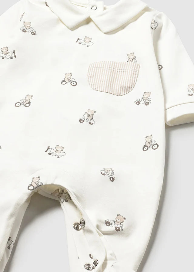 Mayoral Baby Boy Cream Teddy Print Babygrow | Cream Teddy Print Babygrow With Pocket (0M–12M)