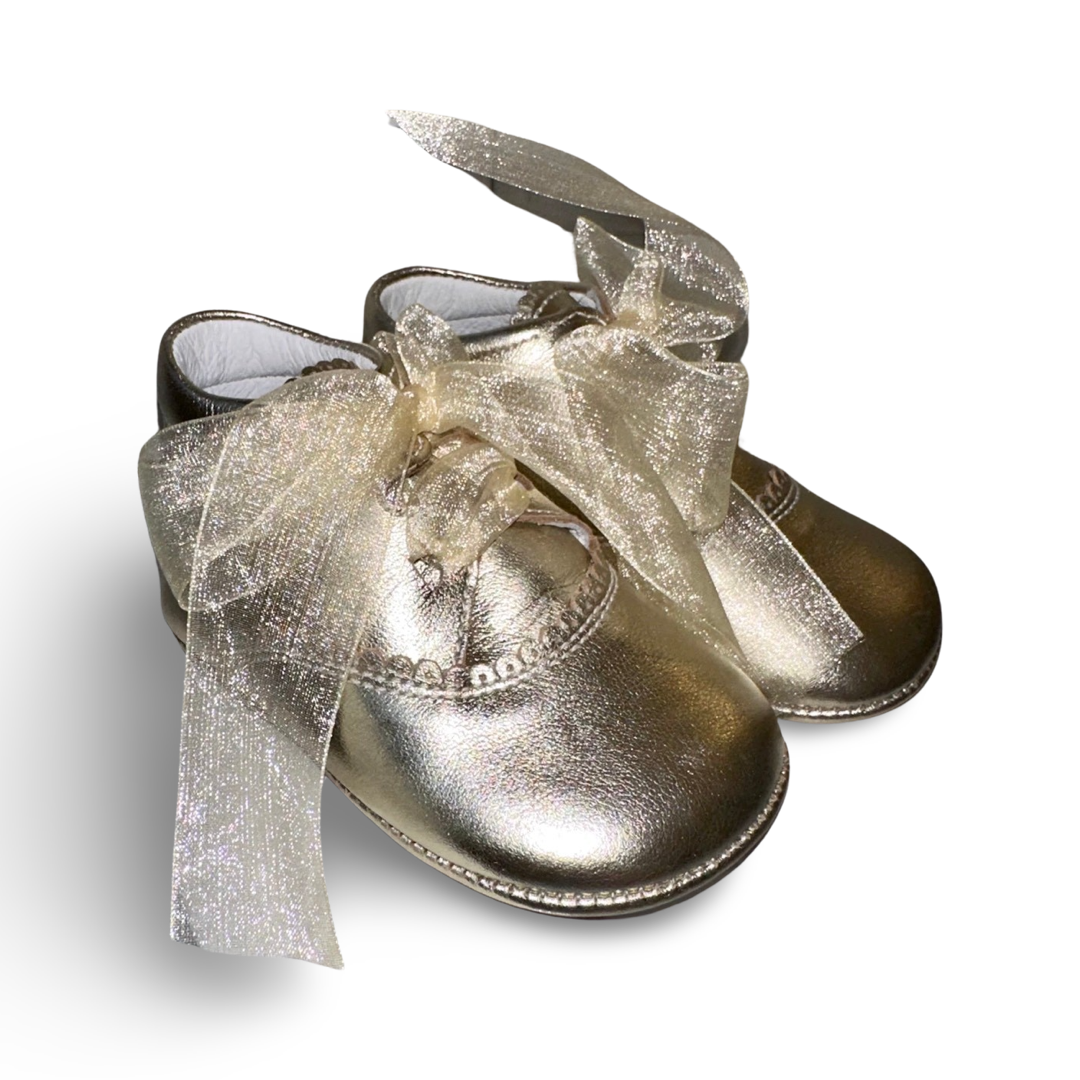 Andanines gold leather booties with ribbon laces