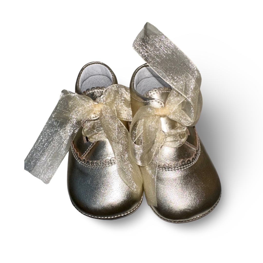 Andanines gold leather booties with ribbon laces