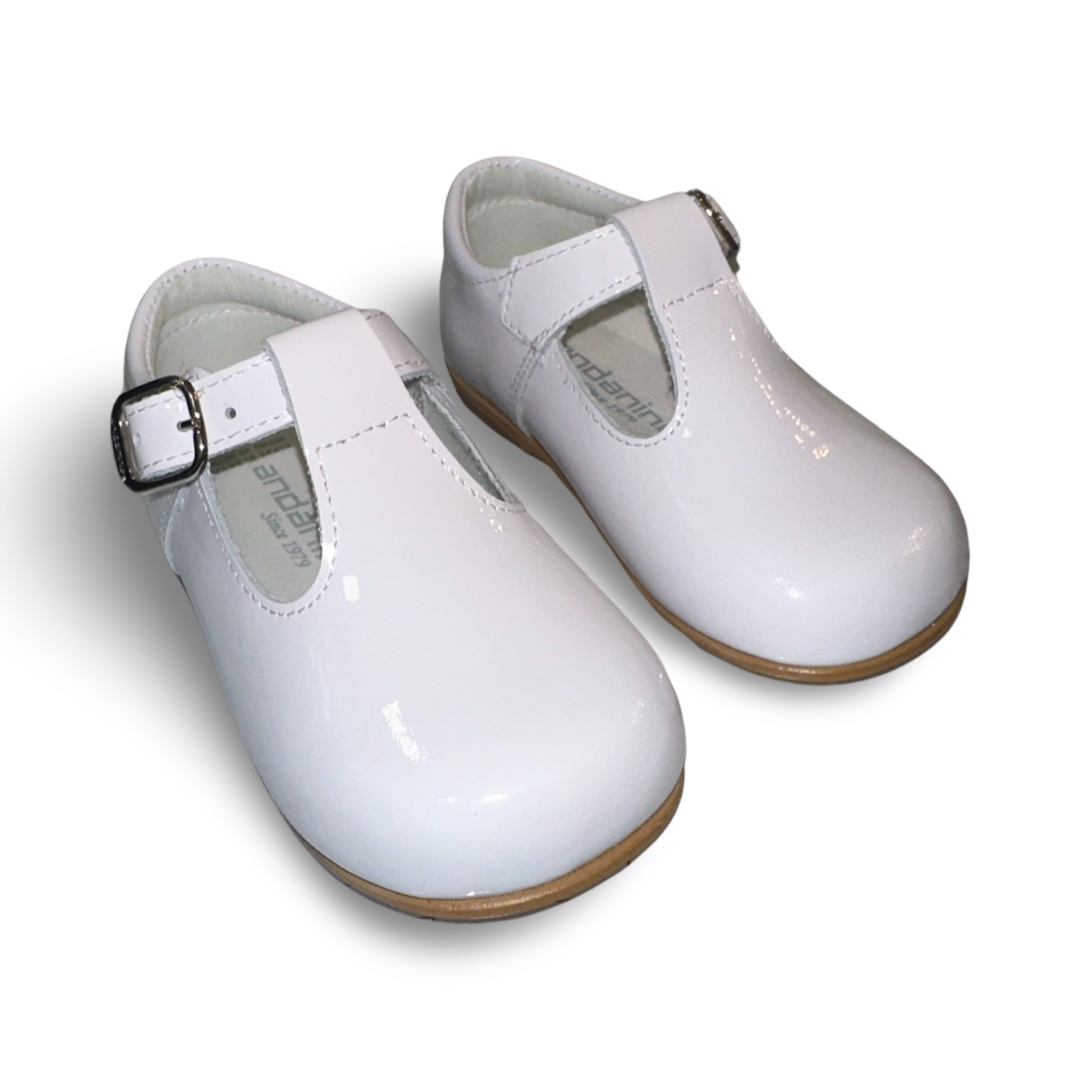 Andanines White Patent T Bar Shoes