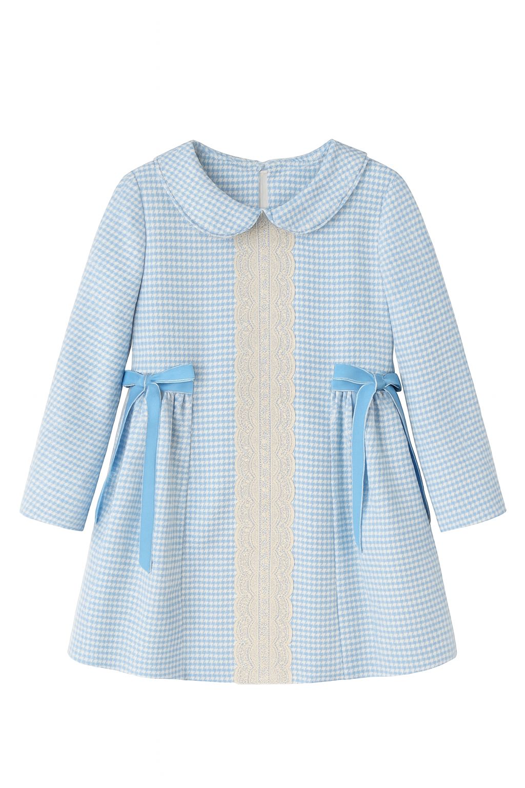 Babiné Blue Houndstooth Dress with Lace Trim & Velvet Bows | Spanish Girls Winter Dress (8–12 Years)
