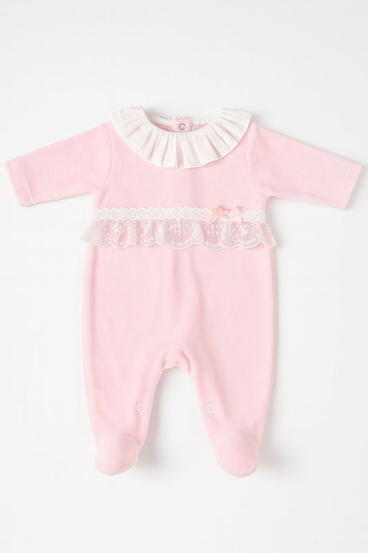 Little Stars Baby Pink Velour Babygrow with Lace Ruffle | Newborn to 6M