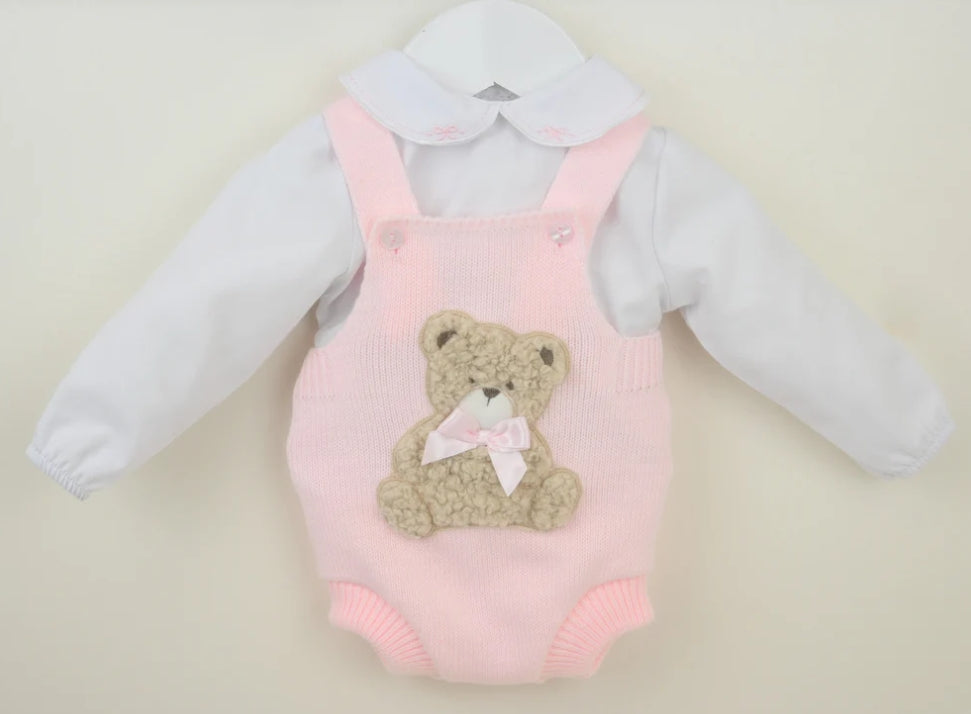 Pex Baby Teddy Dungaree Set – Pink | 0-3M to 18-24M | Knitted Outfit