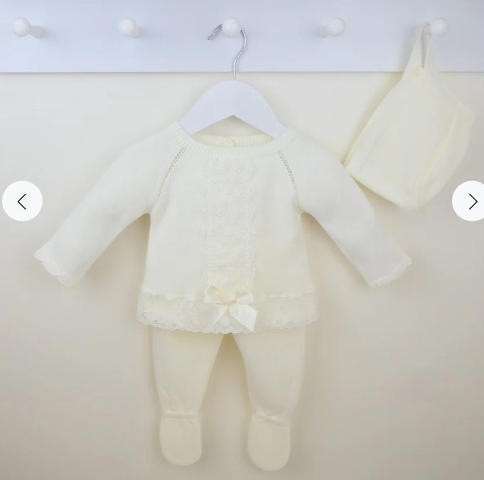 Ivory Lace Knit Baby Outfit with Bonnet | NB to 3-6M | 3-Piece Spanish-Style Set by Pex