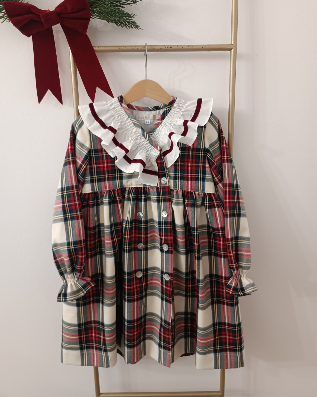 Puro Mimo Red Tartan Dress with Ruffle Collar & Button Detail | Girls Christmas Dress (3–8 Years)