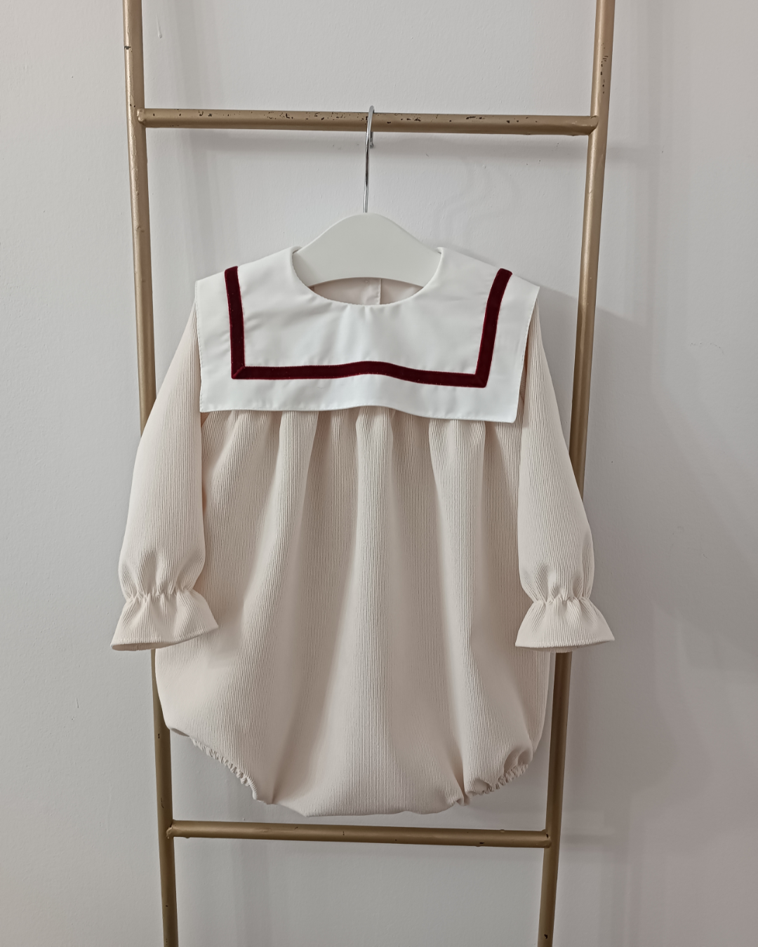 Puro Mimo Cream Velvet Baby Boy Romper with Frill Collar & Burgundy Velvet Trim | Spanish Baby Winter Outfit (6-36M)