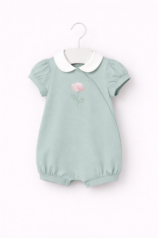 Mayoral Baby Girl Rose Romper | Sage Green Romper With Rose Applique (0M–18M)