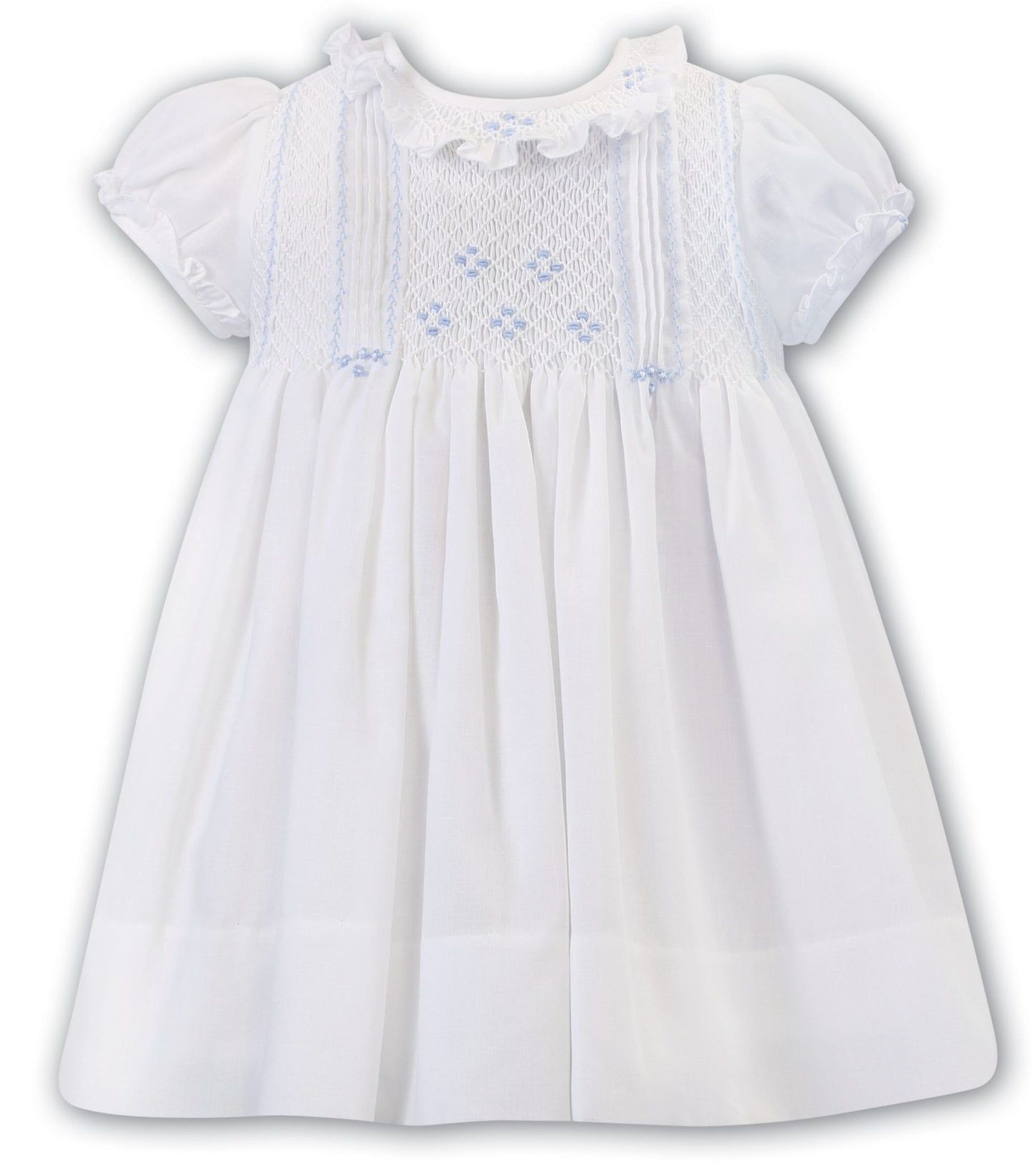 Sarah Louise Baby Girls Ivory & Baby Blue Smocked Short Sleeved Dress
