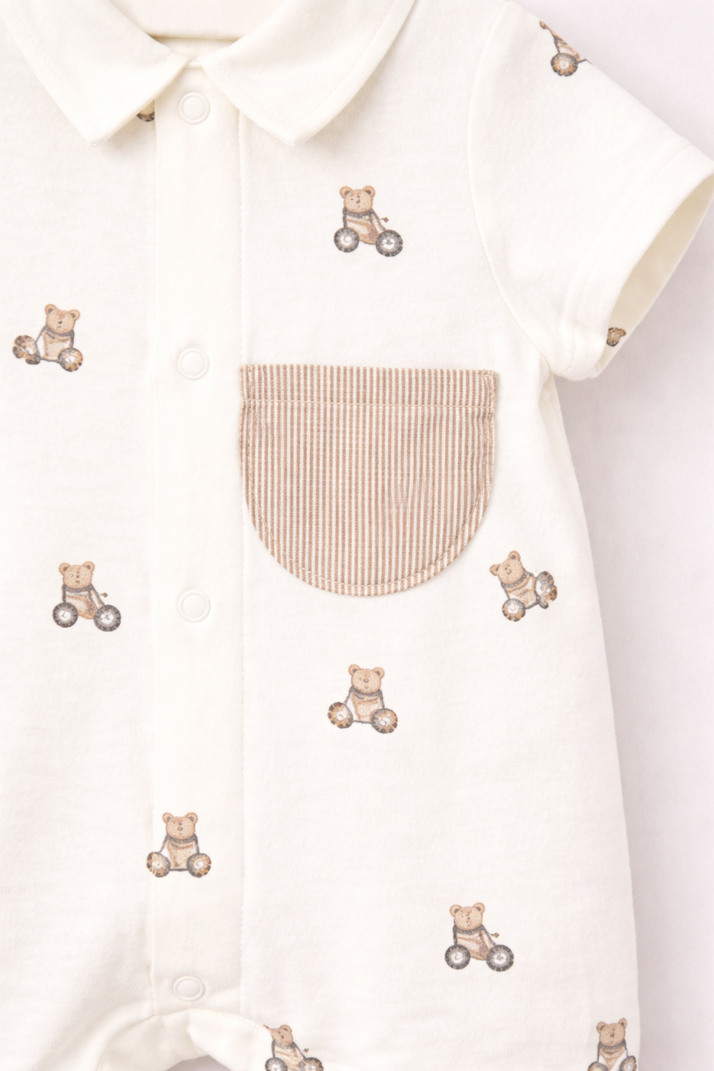 Mayoral Baby Boy Cream Teddy Print Romper | Cream Teddy Print Romper With Pocket (0M–18M)