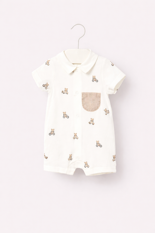 Mayoral Baby Boy Cream Teddy Print Romper | Cream Teddy Print Romper With Pocket (0M–18M)