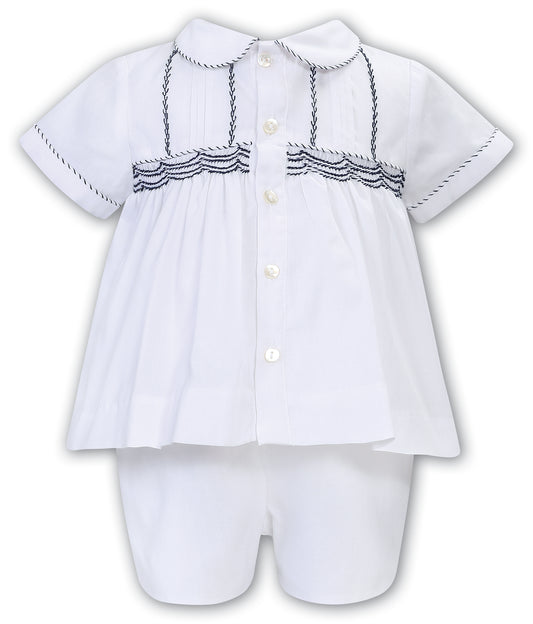 Sarah Louise Baby Boys Navy & White Smocked Short Sleeved 2-Piece Shorts Set