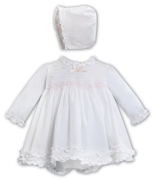 Sarah Louise Baby Girls White/Pink Smocked Dress Set