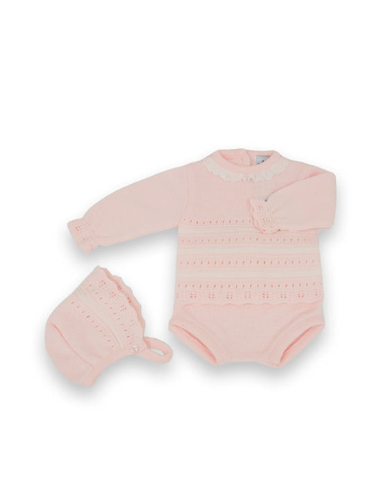 Sardon Girls Pink Knit Three Piece Knicker & Bonnet Set