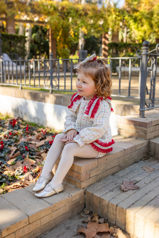 Naxos Baby Girls Red & Cream Tweed Bloomer Set | Spanish Outfit with Statement Trim (6M–2Y)