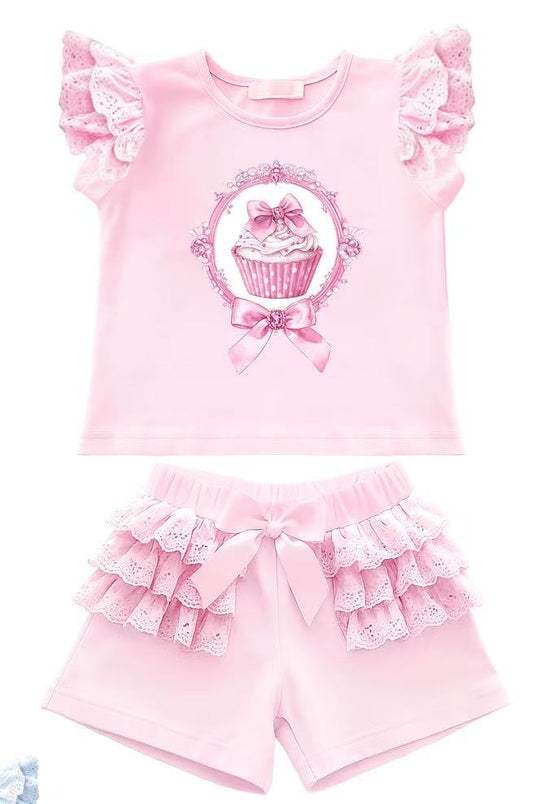 Girls Pink ‘Cupcake’ Shorts Set with Bow Detail | Boutique Summer Outfit | Ages 1–8