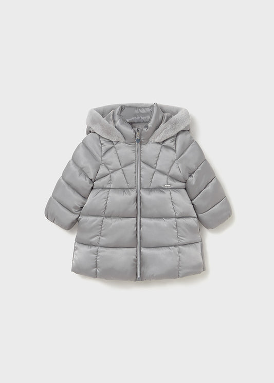 Mayoral Baby & Toddler Girls Silver Puffer Coat | Hooded Winter Jacket with Faux Fur Lining (12M–4Y)