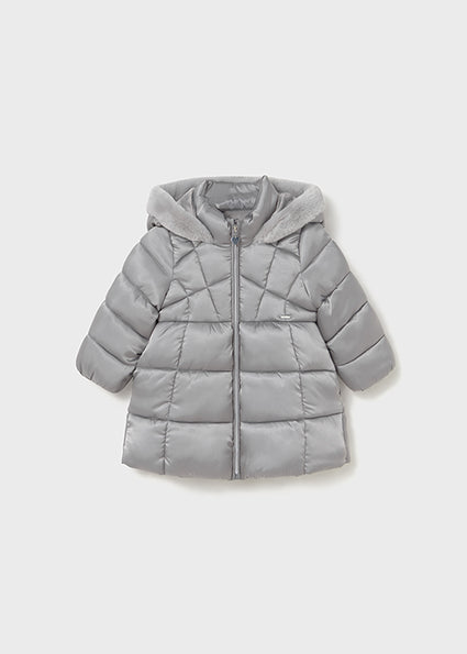 PRE-ORDER Mayoral Baby & Toddler Girls Silver Puffer Coat | Hooded Winter Jacket with Faux Fur Lining (12M–4Y)