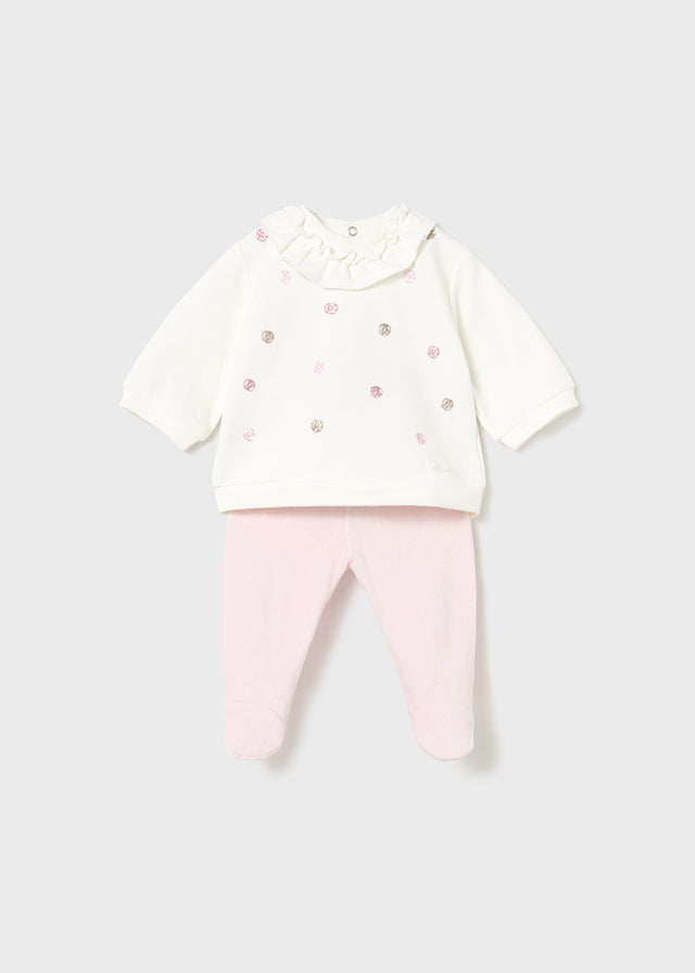 Mayoral Baby Girl 2-Piece Rose Dot Set | Cream Ruffle Top & Pink Footed Trousers (0–18M)