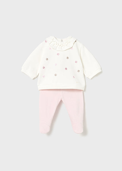 Mayoral Baby Girl 2-Piece Rose Dot Set | Cream Ruffle Top & Pink Footed Trousers (0–18M)