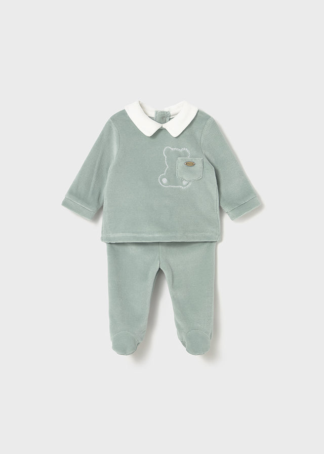 Mayoral Baby Boy 2-Piece Velour Teddy Set | Sage Green Top & Footed Trousers with Collar (0–18M)
