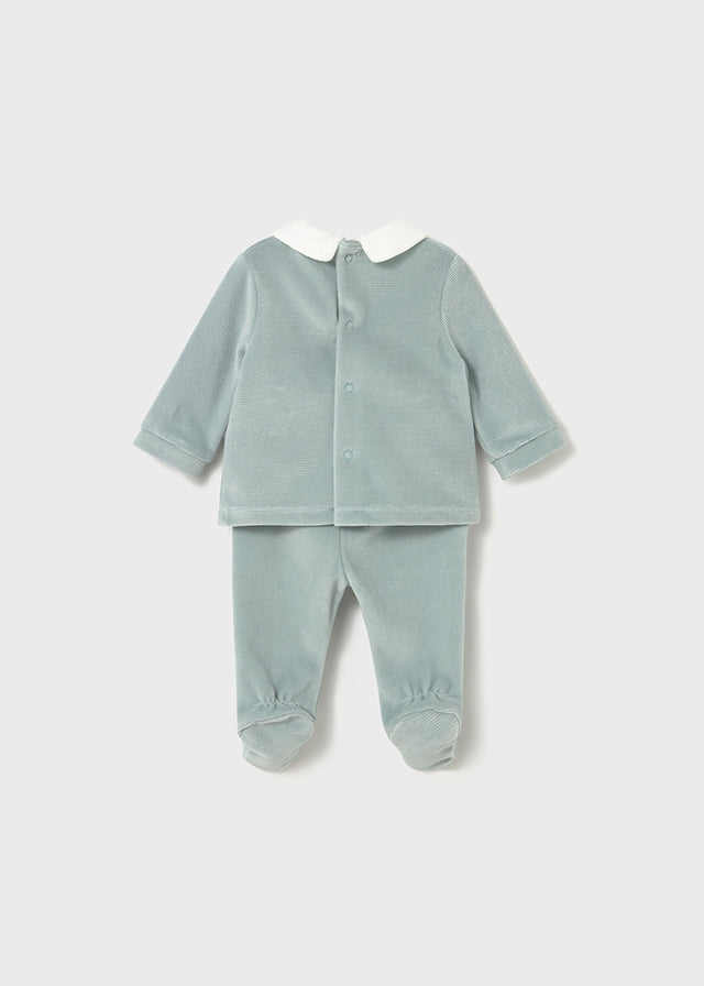 Mayoral Baby Boy 2-Piece Velour Teddy Set | Sage Green Top & Footed Trousers with Collar (0–18M)
