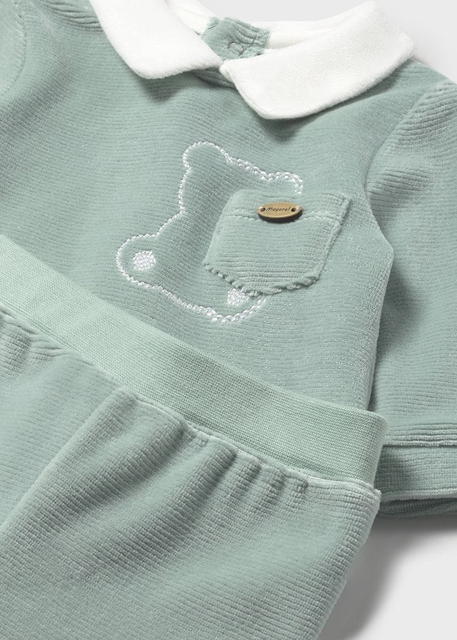 Mayoral Baby Boy 2-Piece Velour Teddy Set | Sage Green Top & Footed Trousers with Collar (0–18M)