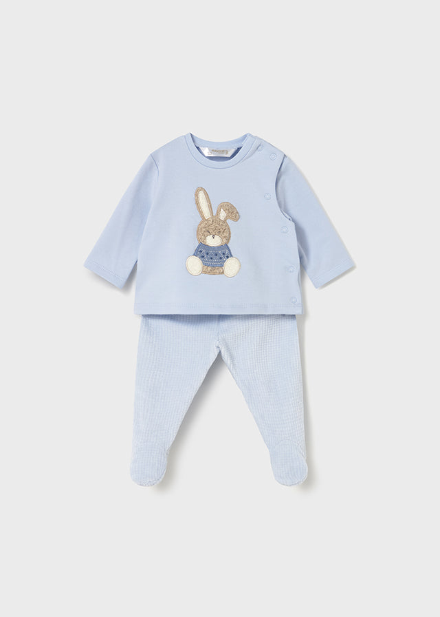 Mayoral Baby Boy Blue Bunny 2-Piece Outfit | Soft Cotton Top & Footed Trousers (0-18M)