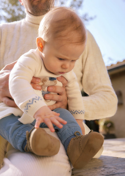 Mayoral Baby Boy Teddy Jumper & Trousers Set | Cream Knit Top & Blue Woven Bottoms (0–18M)