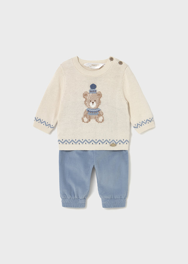 Mayoral Baby Boy Teddy Jumper & Trousers Set | Cream Knit Top & Blue Woven Bottoms (0–18M)