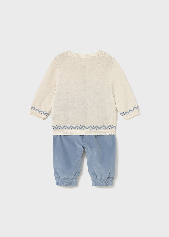 Mayoral Baby Boy Teddy Jumper & Trousers Set | Cream Knit Top & Blue Woven Bottoms (0–18M)