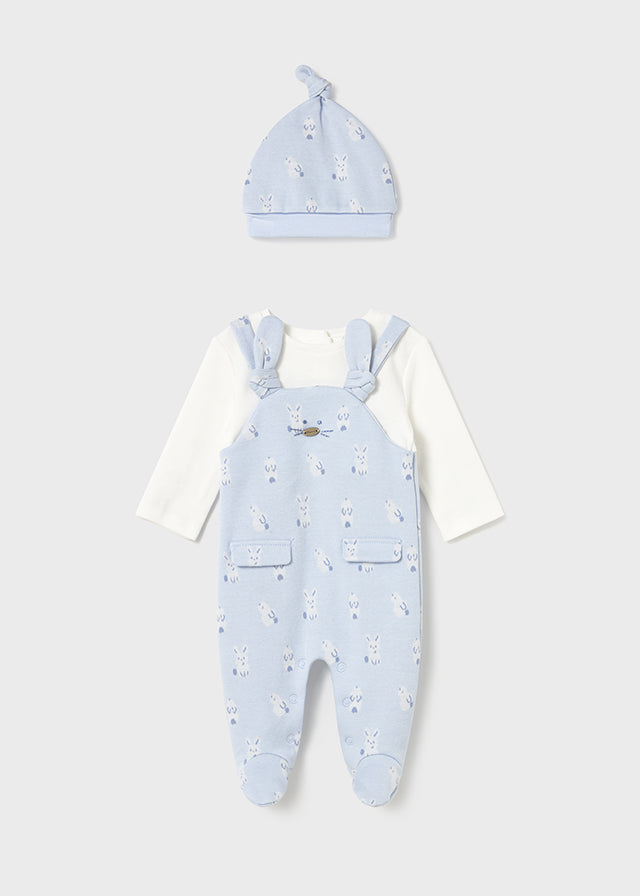 Mayoral Baby Boy 3-Piece Dungaree Set | Blue Bunny Footed Romper, Long Sleeve Top & Hat (0–18M)