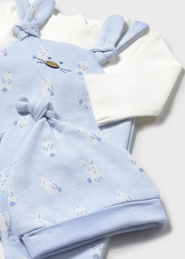 Mayoral Baby Boy 3-Piece Dungaree Set | Blue Bunny Footed Romper, Long Sleeve Top & Hat (0–18M)