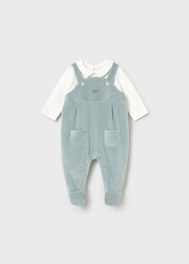 Mayoral Baby Boy Velour Dungaree Romper | Soft Sage Green Footed Romper & White Collared Top (0–18M)
