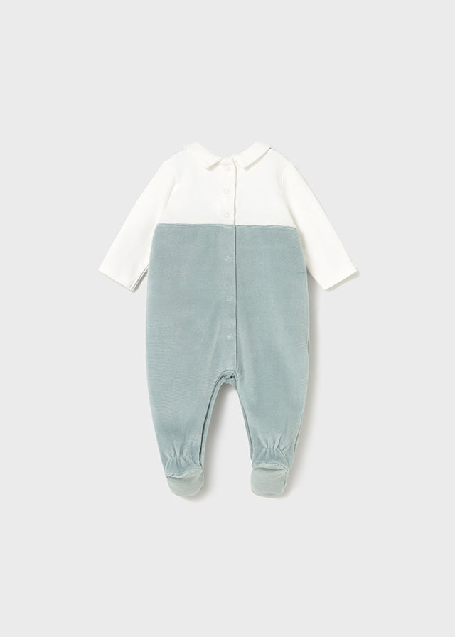 Mayoral Baby Boy Velour Dungaree Romper | Soft Sage Green Footed Romper & White Collared Top (0–18M)