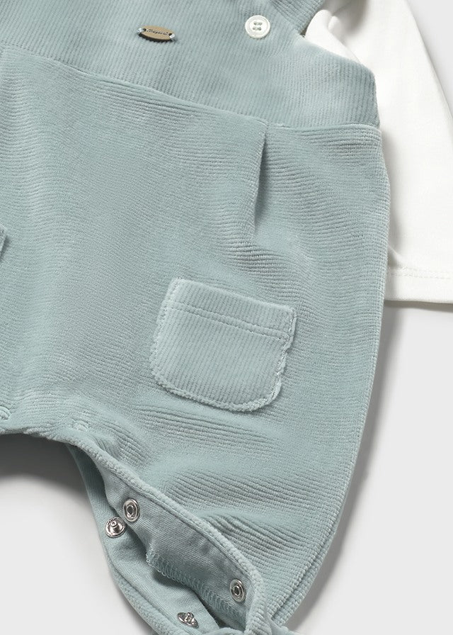 Mayoral Baby Boy Velour Dungaree Romper | Soft Sage Green Footed Romper & White Collared Top (0–18M)